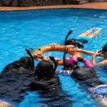 Guardianas azules practicando snorkel en la piscina en el taller de habilidades acuáticas y monitoreo comunitario